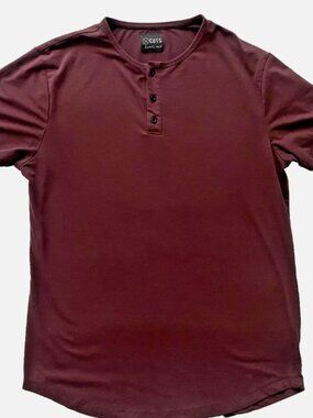 Cuts Clothing Mens Large AO Henley Curve Hem T-Shirt Burgundy Slim Fit
